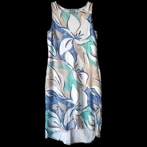 CHICOS 0 Dress Blue GreenTan White Multi Floral Sleeveless Hi Low Casual Small